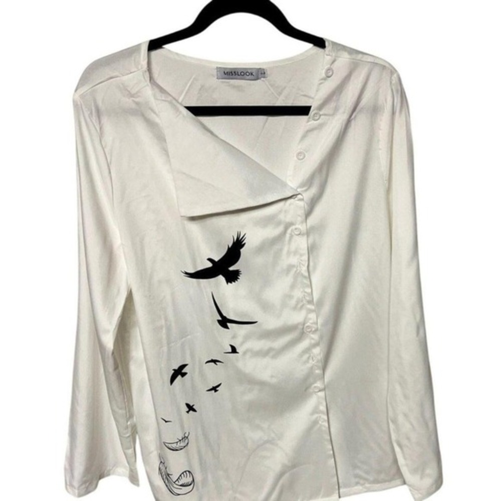 Misslook Asymmetrical Bird Print Blouse Women Large White‎ Long Sleeve Top
